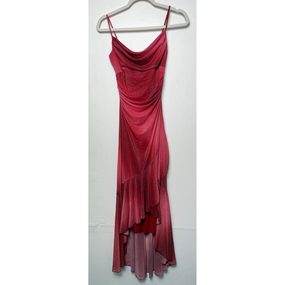 Finesse USA Red Ombre Glitter Cowl Neck Ruched High Low Formal Dress Small 90s
